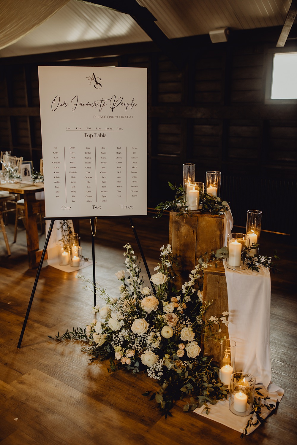 Table Plan Modern Flowers Candles Curds Hall Barn Wedding Aurora Grey Photography