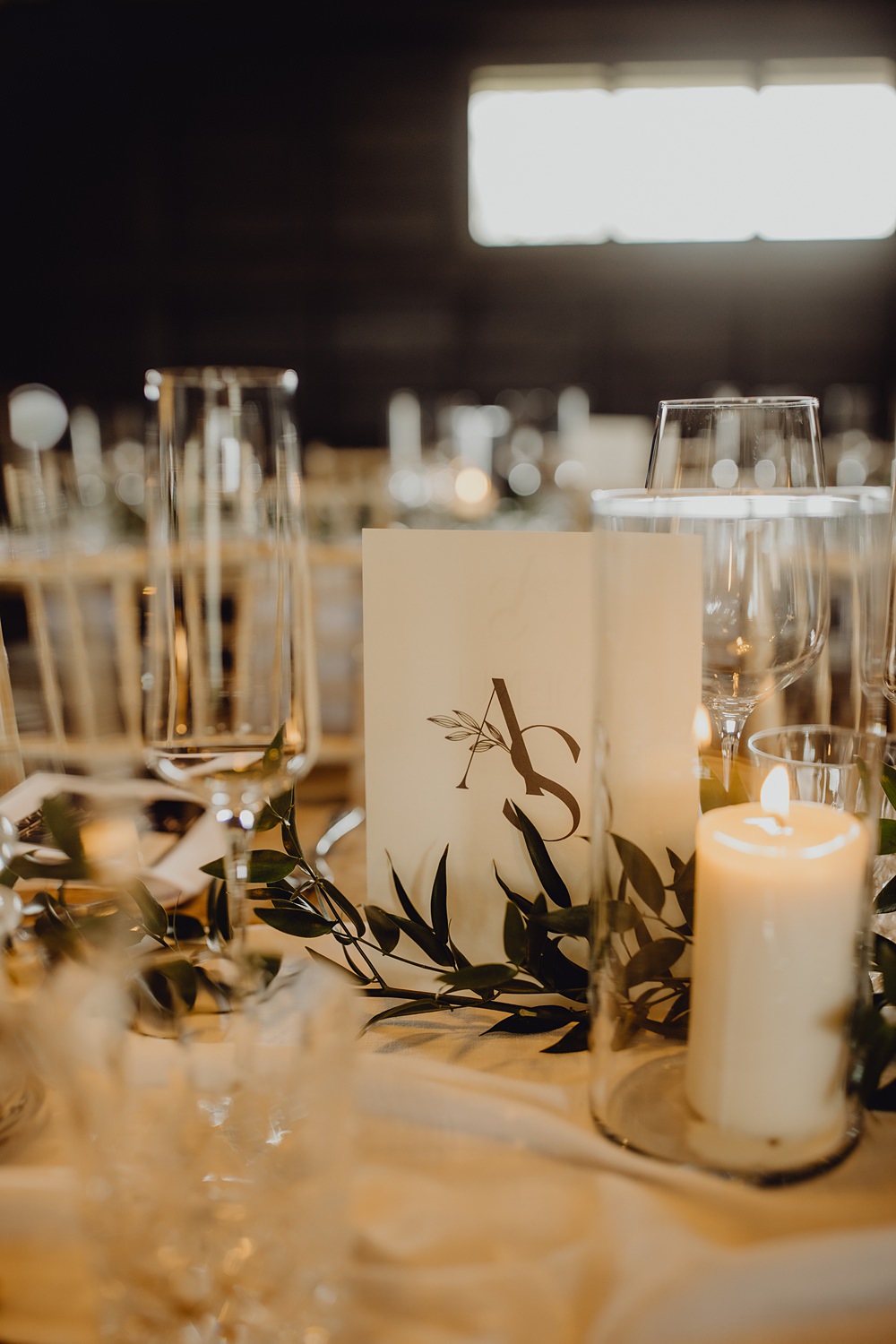 Table Name Sign Card Greenery Candle DecorCurds Hall Barn Wedding Aurora Grey Photography