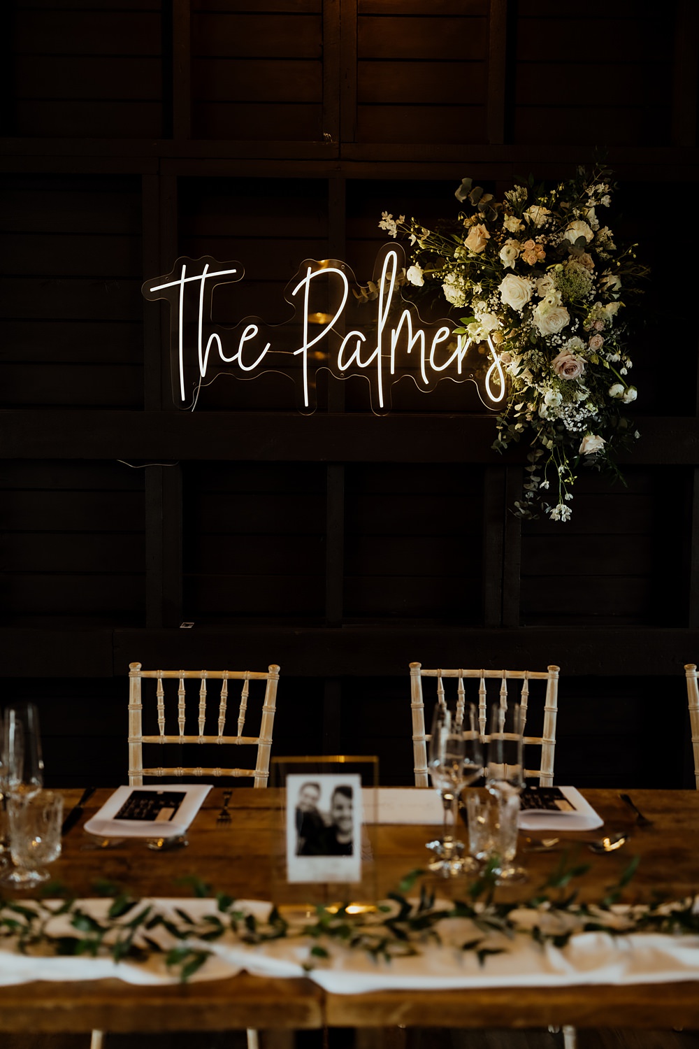 Top Table Neon Sign Backdrop Curds Hall Barn Wedding Aurora Grey Photography