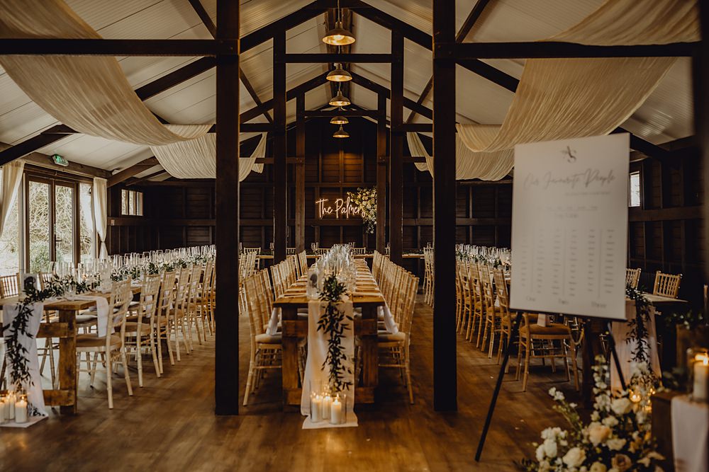 Drapes Lights Candles Greenery Long Table Runner Decor Curds Hall Barn Wedding Aurora Grey Photography