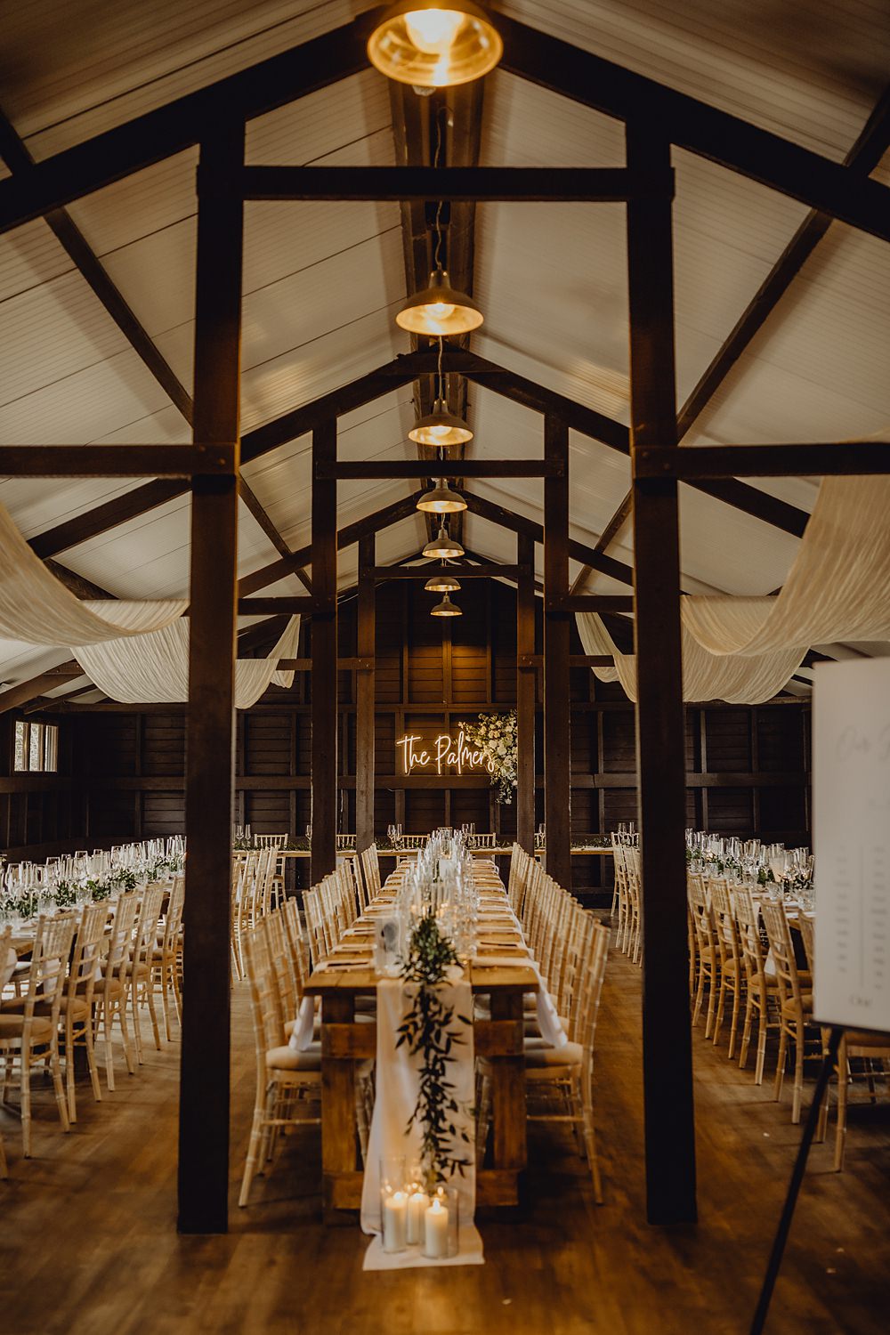 Drapes Lights Candles Greenery Long Table Runner Decor Curds Hall Barn Wedding Aurora Grey Photography