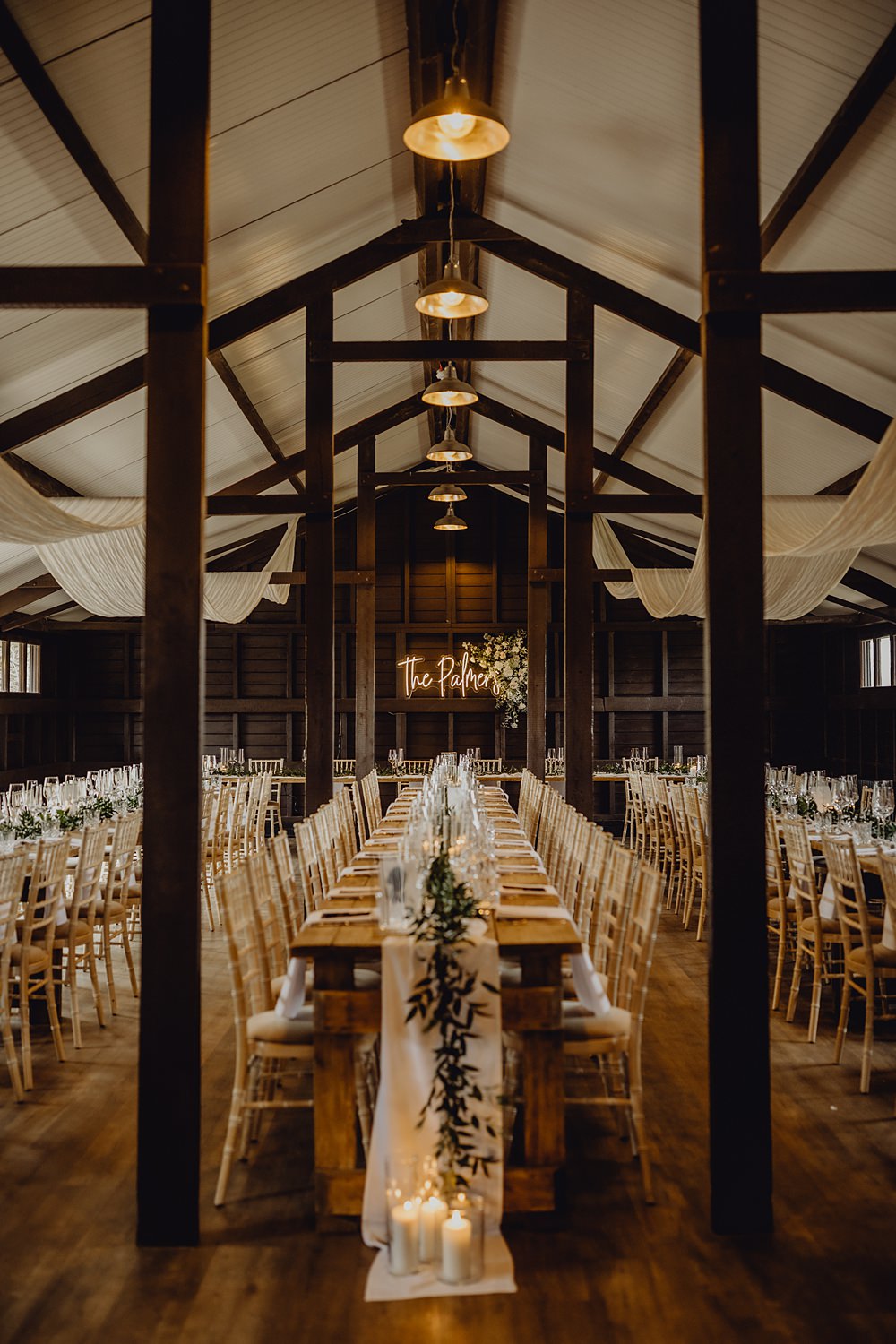Drapes Lights Candles Greenery Long Table Runner Decor Curds Hall Barn Wedding Aurora Grey Photography