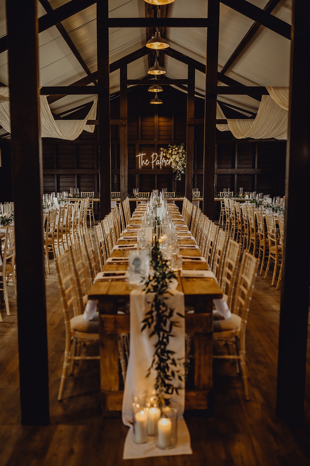 Drapes Lights Candles Greenery Long Table Runner Decor Curds Hall Barn Wedding Aurora Grey Photography