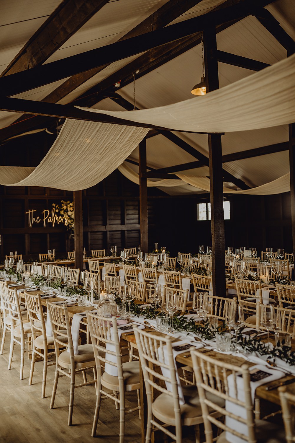 Drapes Lights Candles Greenery Long Table Runner Decor Curds Hall Barn Wedding Aurora Grey Photography