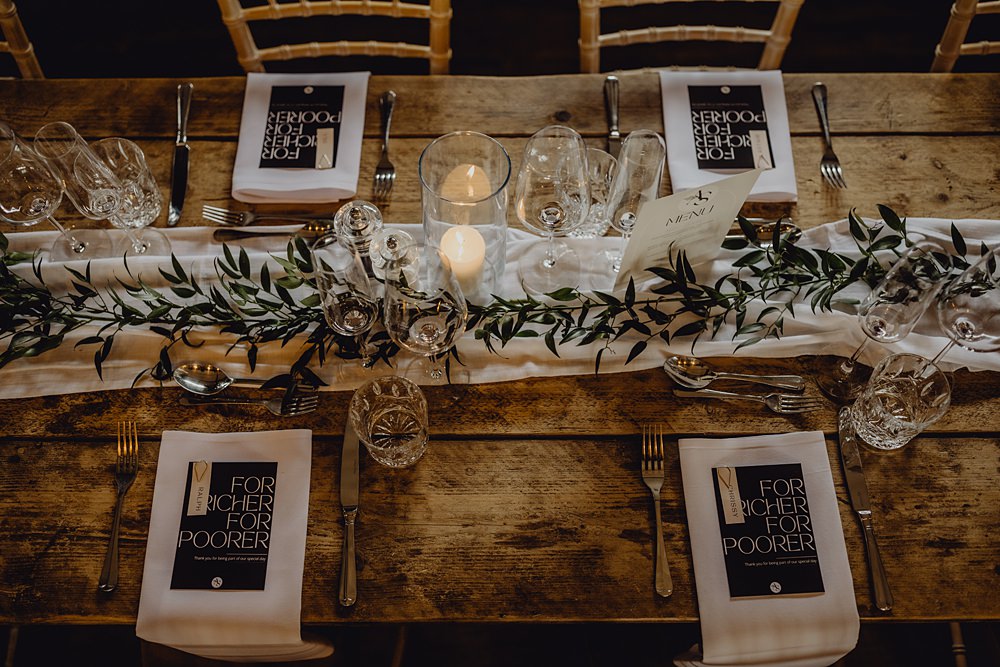 Greenery Candles Fabric Centrepiece Decor Runner Curds Hall Barn Wedding Aurora Grey Photography
