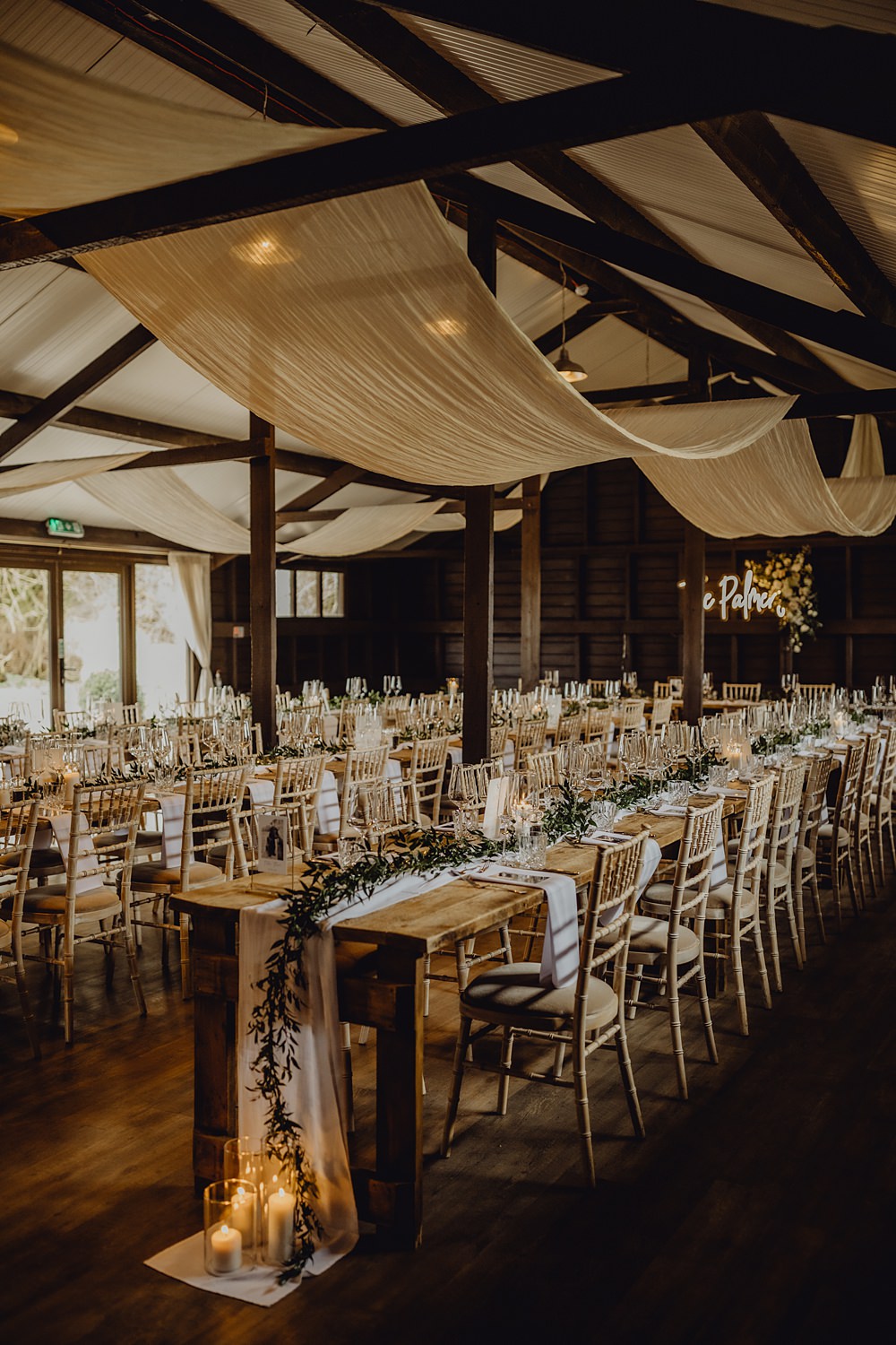 Drapes Lights Candles Greenery Long Table Runner Decor Curds Hall Barn Wedding Aurora Grey Photography