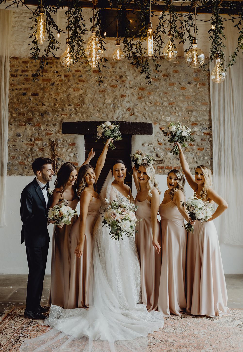 Champagne Satin Bridesmaid Dresses Curds Hall Barn Wedding Aurora Grey Photography