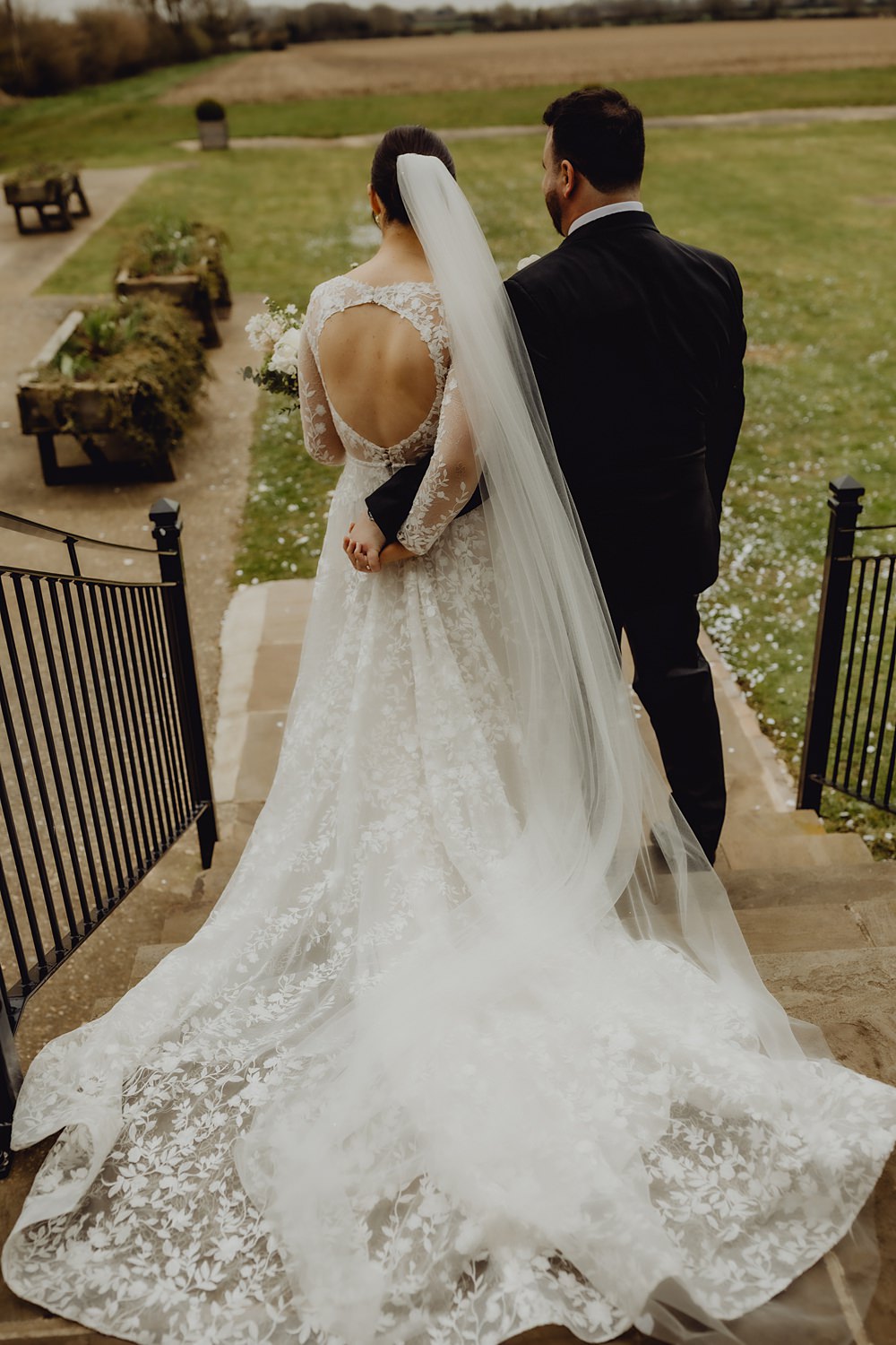 Floral Appliqué Embroidered Long Sleeve Dress Gown Bride Vel Curds Hall Barn Wedding Aurora Grey Photography