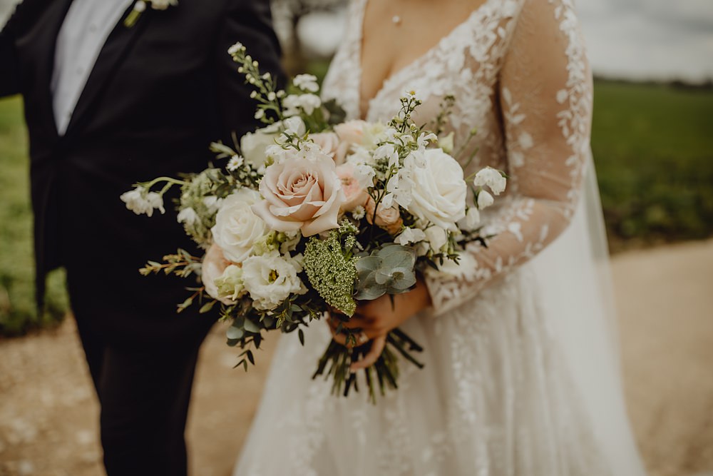 Bouquet Flowers Bride Rose White Blush Curds Hall Barn Wedding Aurora Grey Photography