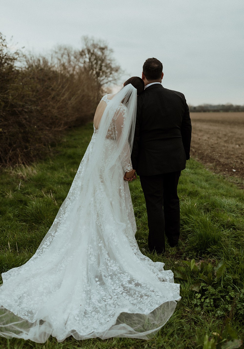Floral Appliqué Embroidered Long Sleeve Dress Gown Bride Veil Curds Hall Barn Wedding Aurora Grey Photography
