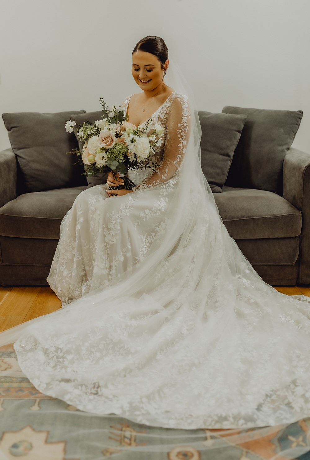 Floral Appliqué Embroidered Long Sleeve Dress Gown Bride Veil Curds Hall Barn Wedding Aurora Grey Photography