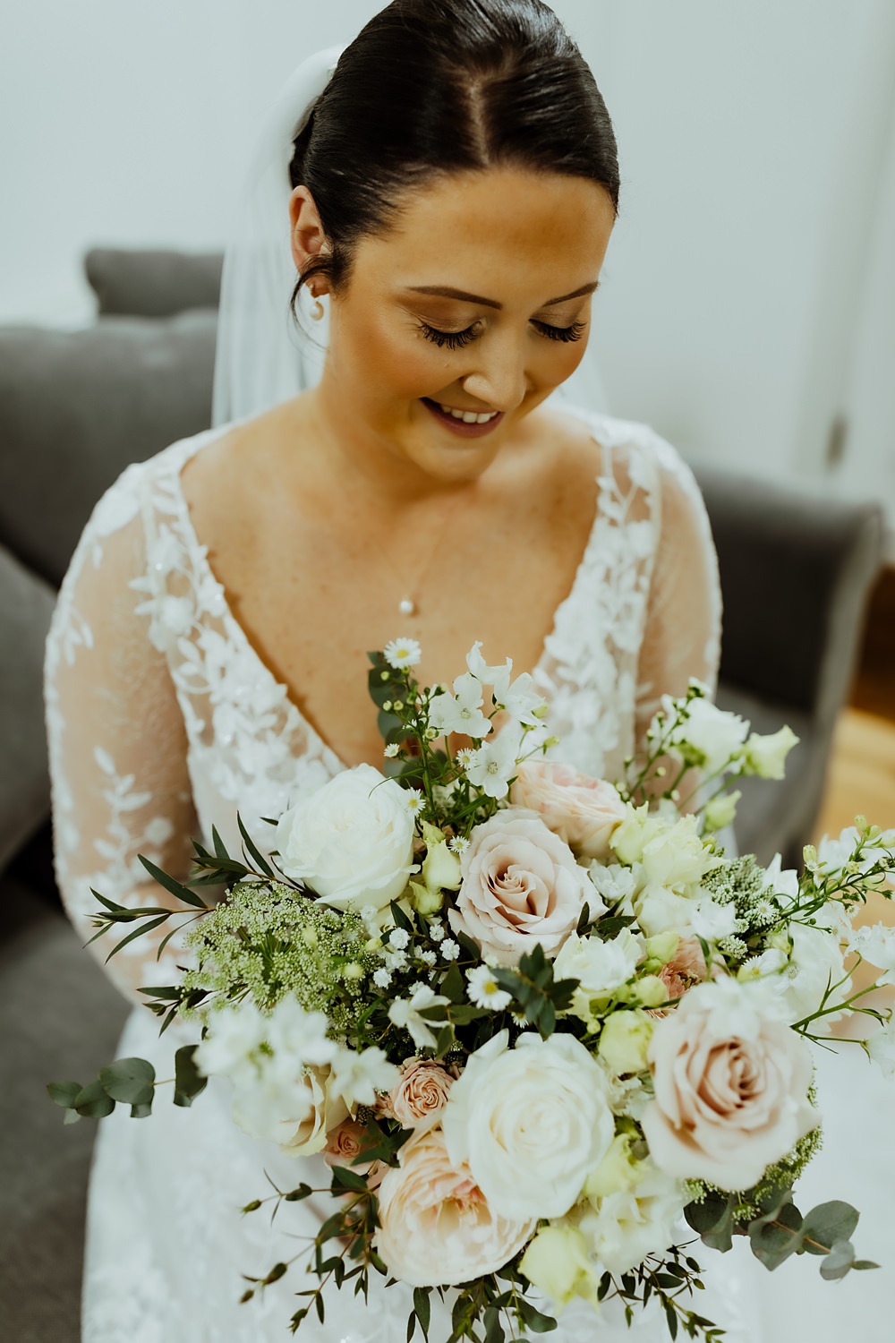 Bouquet Flowers Bride Rose White Blush Curds Hall Barn Wedding Aurora Grey Photography