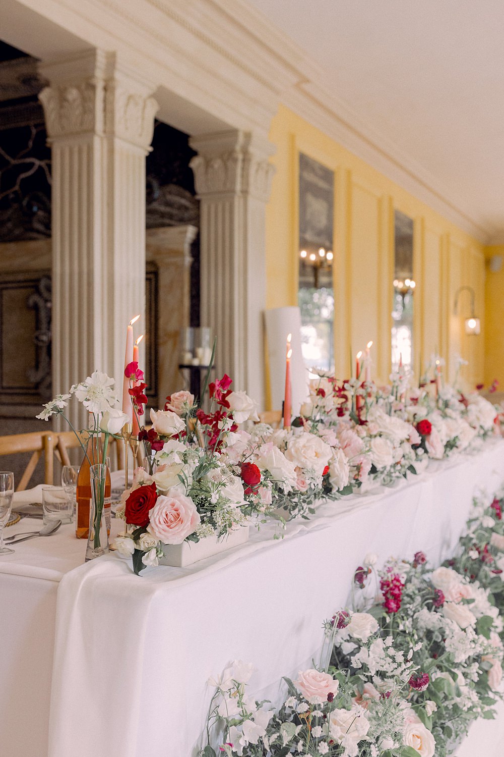 Top Table Decor Flowers Red Pink White Candles Meadow Euridge Manor Wedding Jessy Papasavva Photography