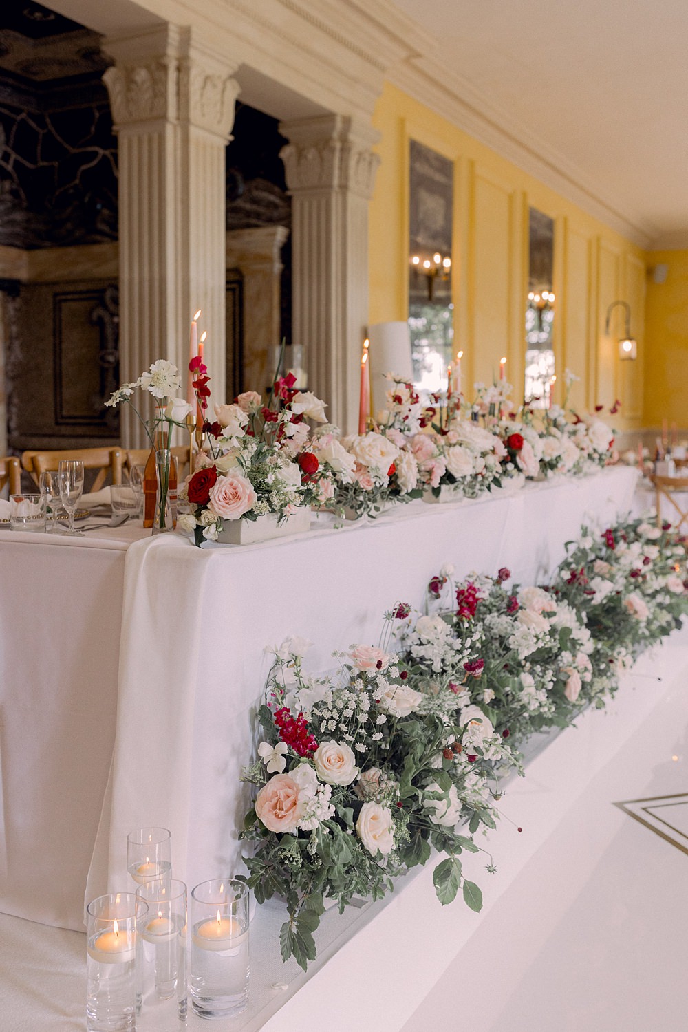 Top Table Decor Flowers Red Pink White Candles Meadow Euridge Manor Wedding Jessy Papasavva Photography