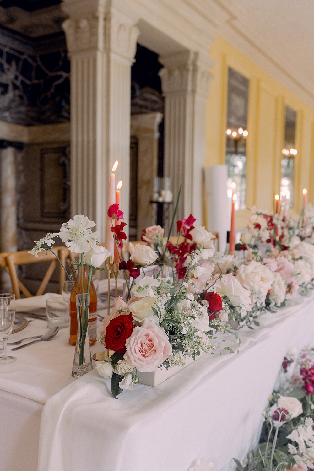 Top Table Decor Flowers Red Pink White Candles Meadow Euridge Manor Wedding Jessy Papasavva Photography