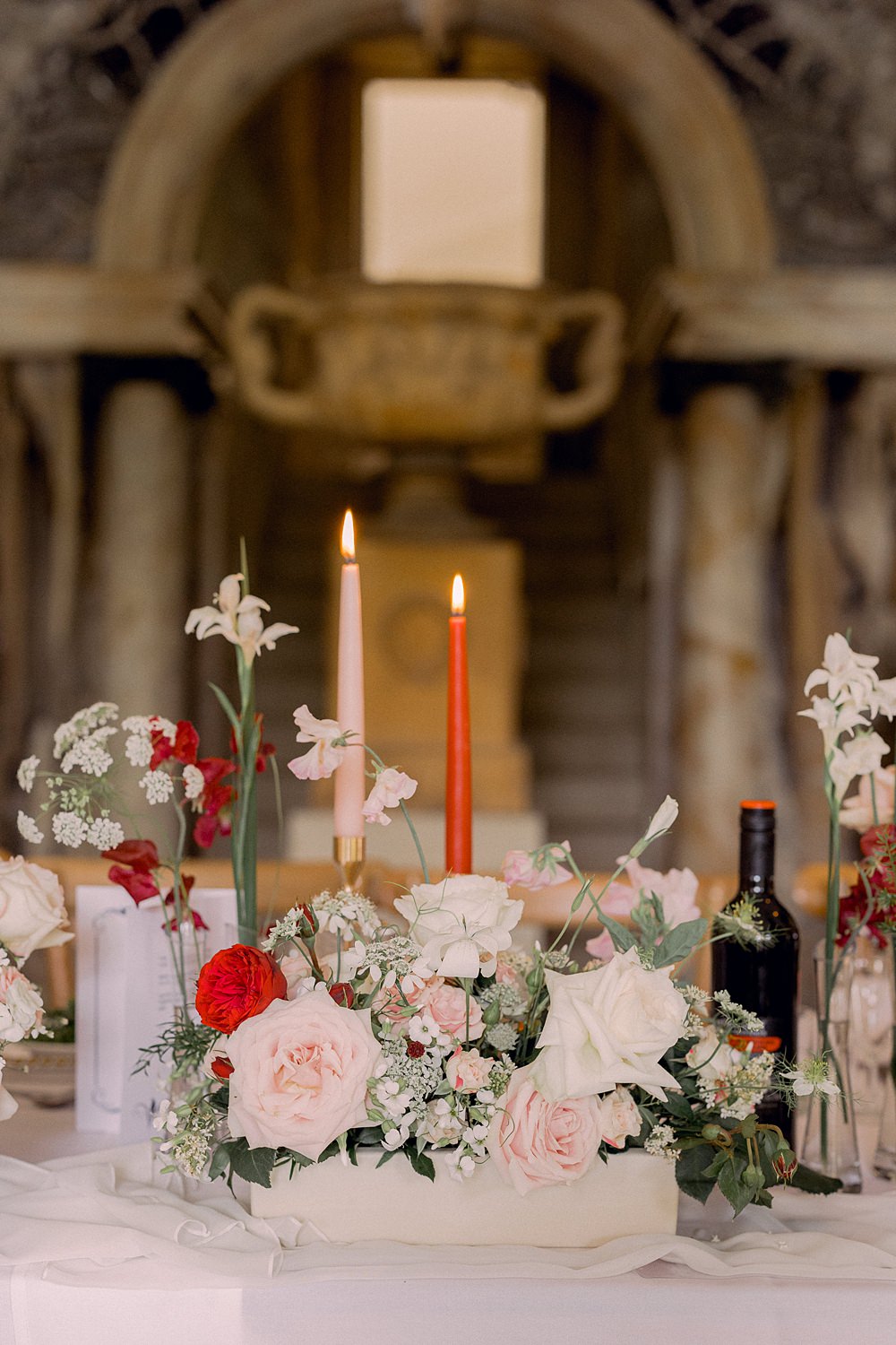 Top Table Decor Box Flowers Red Pink White Candles Meadow Euridge Manor Wedding Jessy Papasavva Photography
