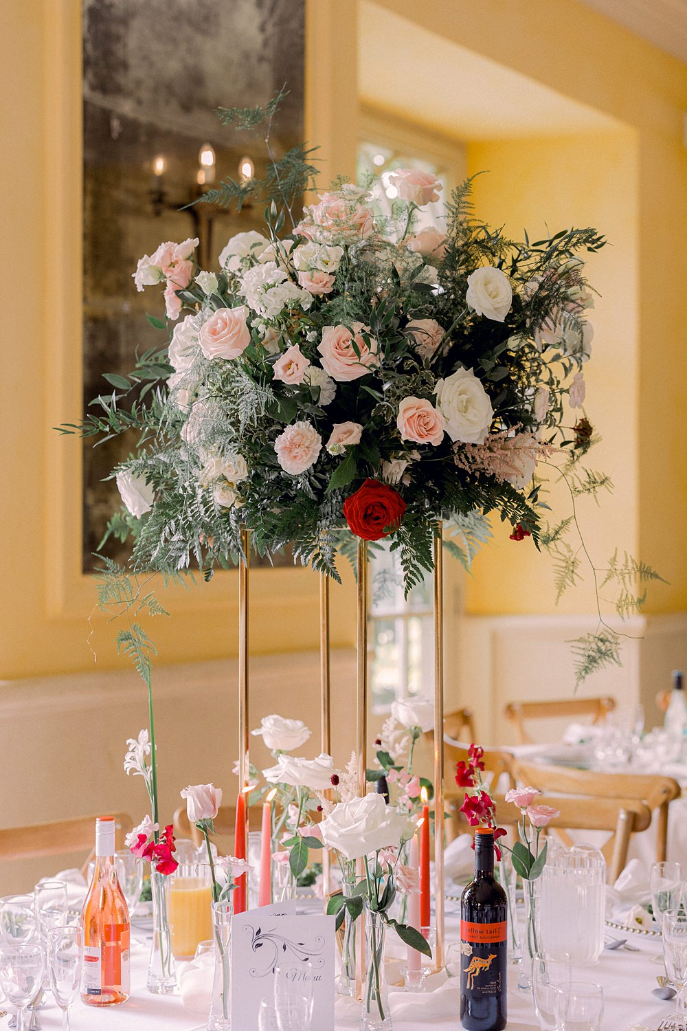 Centrepiece Tall Flowers Candles Table Name Euridge Manor Wedding Jessy Papasavva Photography
