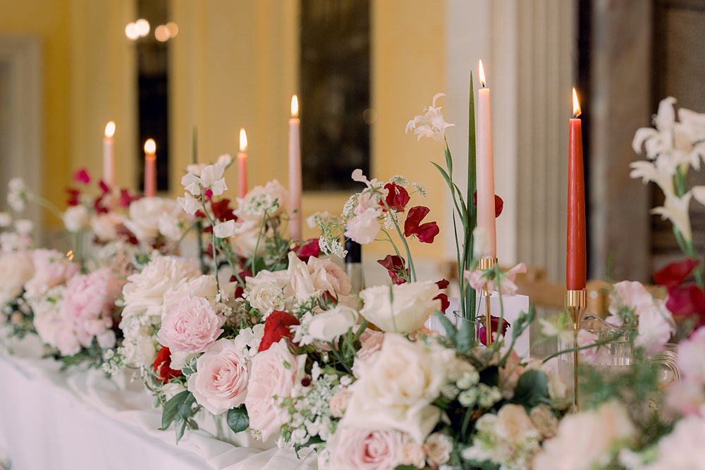 Top Table Decor Flowers Red Pink White Candles Meadow Euridge Manor Wedding Jessy Papasavva Photography