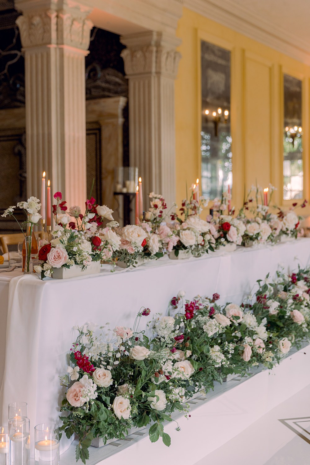 Top Table Decor Flowers Red Pink White Candles Meadow Euridge Manor Wedding Jessy Papasavva Photography