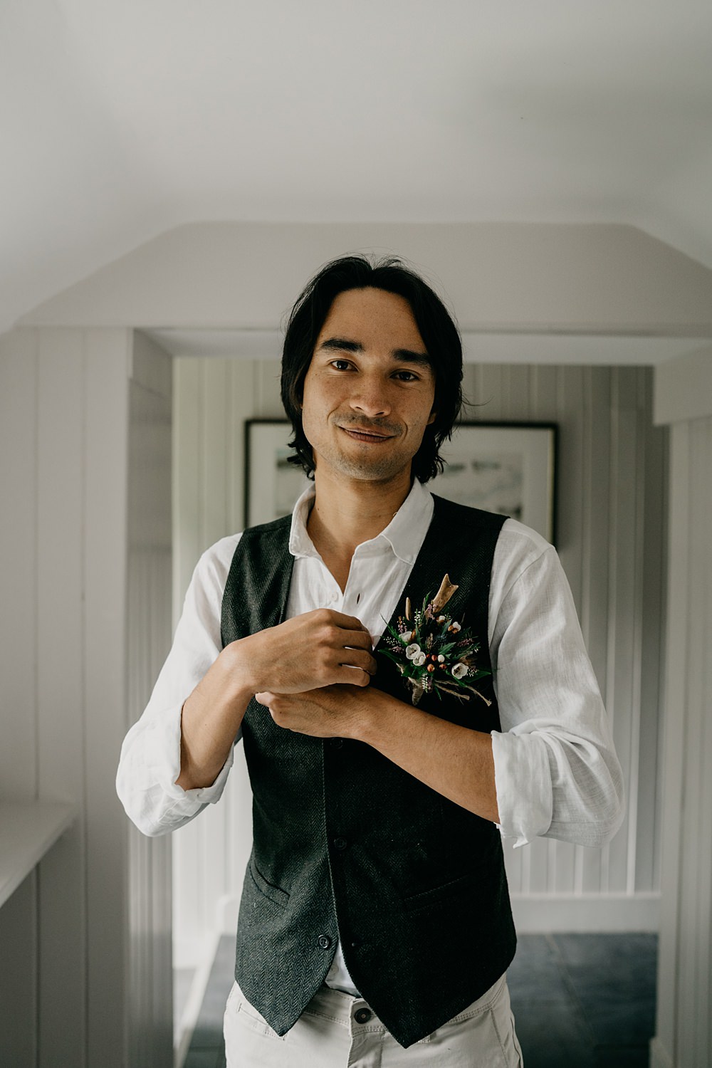 Groom Waistcoat Chinos Glen Tanar Lochside Wedding Scott Arlow Photography