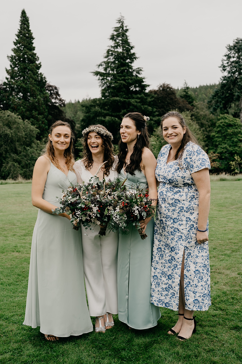 Mismatched Bridesmaid Dresses Green Blue Glen Tanar Lochside Wedding Scott Arlow Photography