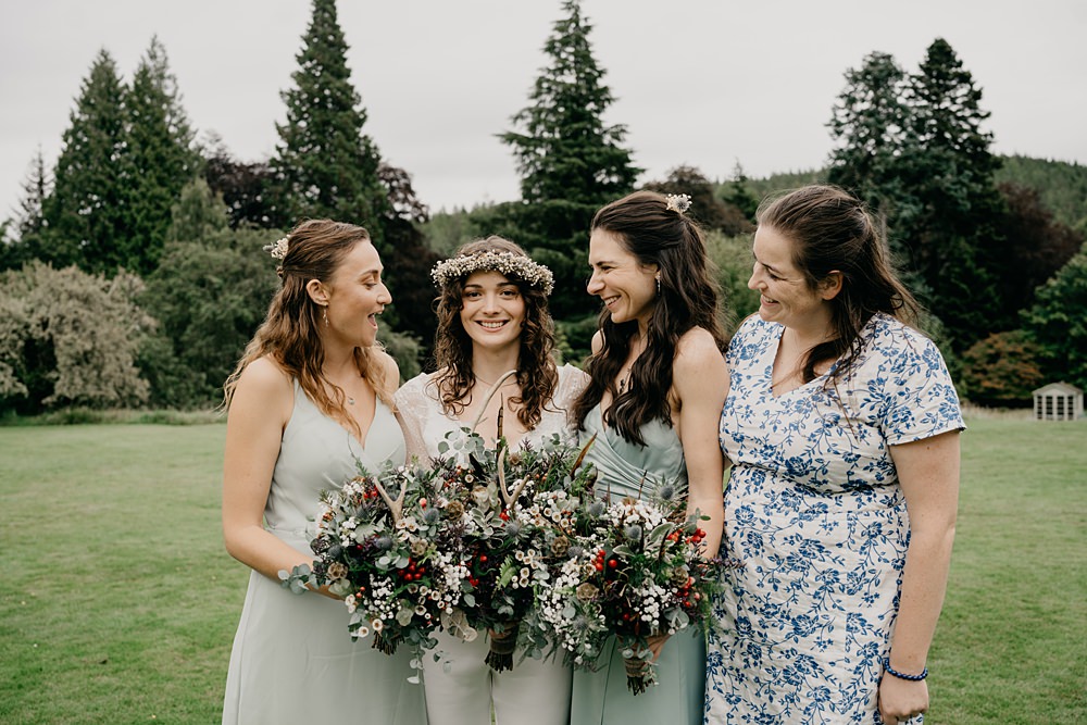 Mismatched Bridesmaid Dresses Green Blue Glen Tanar Lochside Wedding Scott Arlow Photography