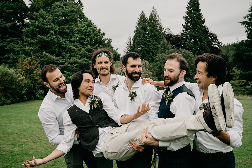 Groom Groomsmen Suits Mismatched Glen Tanar Lochside Wedding Scott Arlow Photography