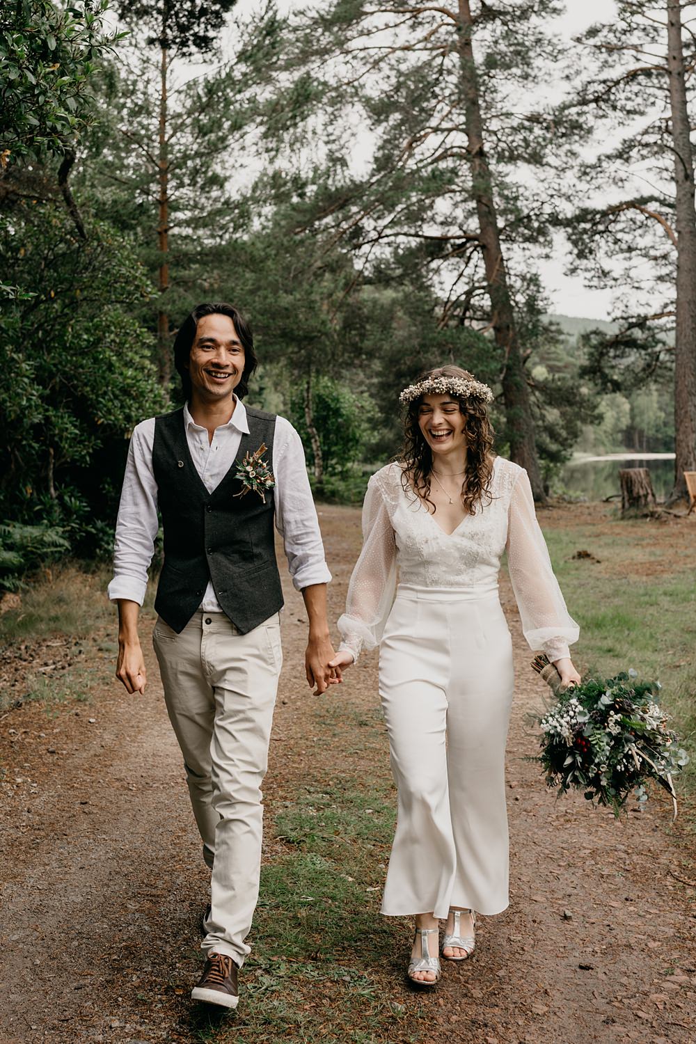 Glen Tanar Lochside Wedding Scott Arlow Photography Bride Jumpsuit Outfit Trousers Flower Crown