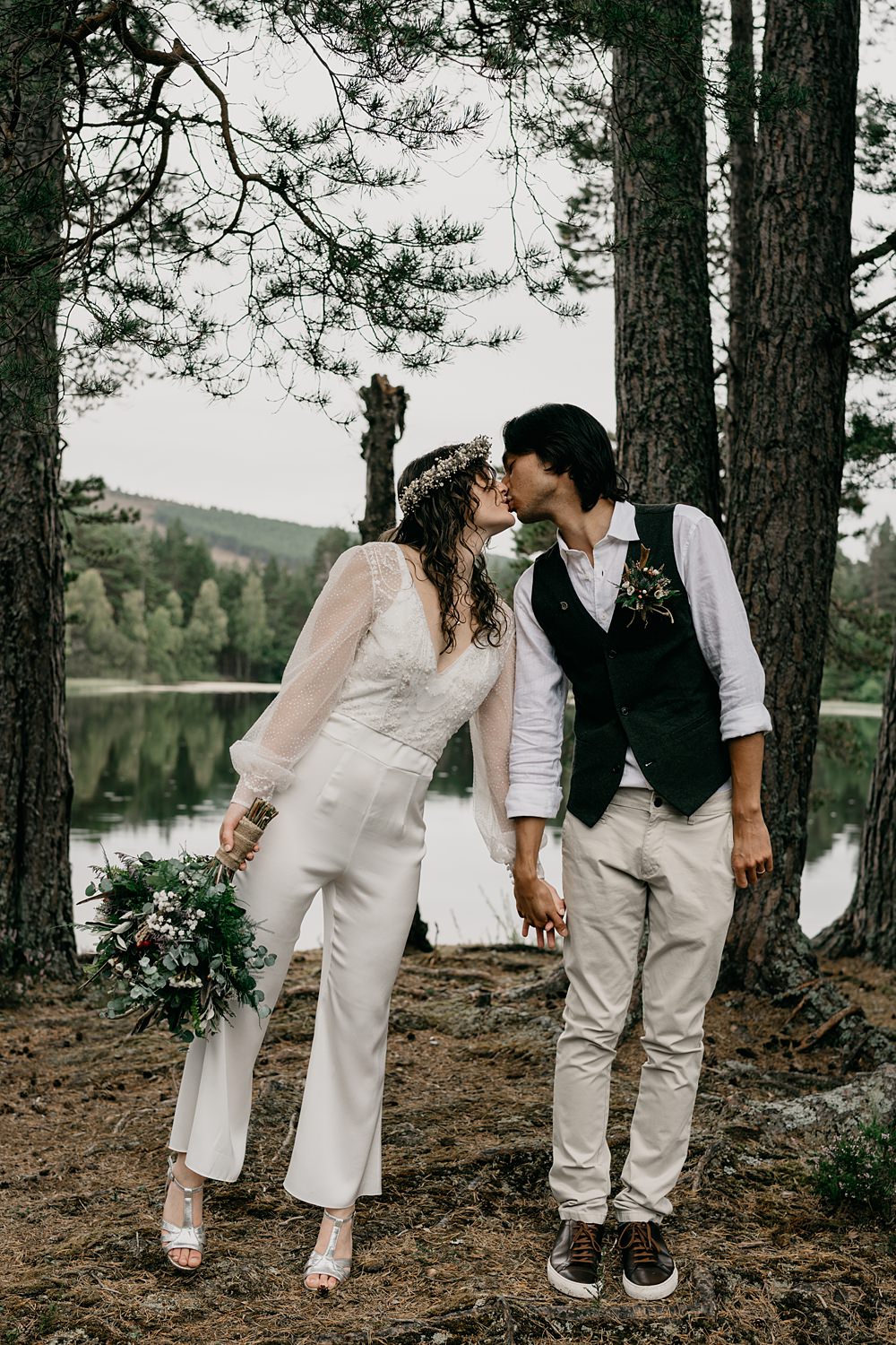 Glen Tanar Lochside Wedding Scott Arlow Photography Bride Jumpsuit Outfit Trousers Flower Crown