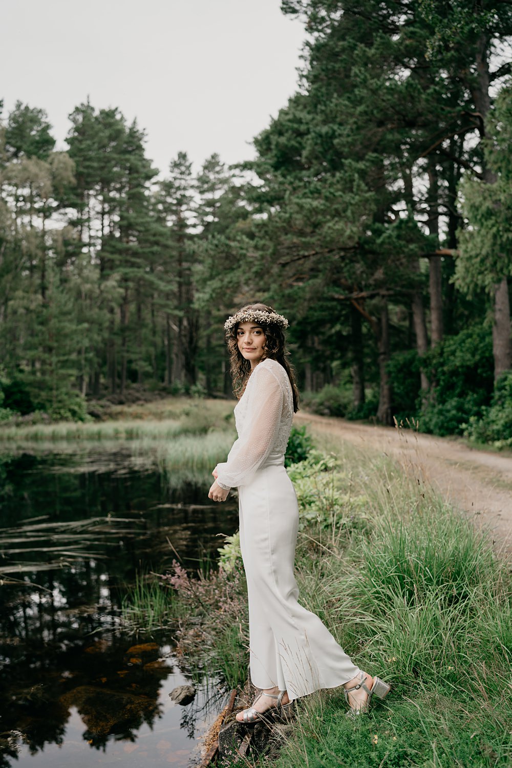 Glen Tanar Lochside Wedding Scott Arlow Photography Bride Jumpsuit Outfit Trousers Flower Crown