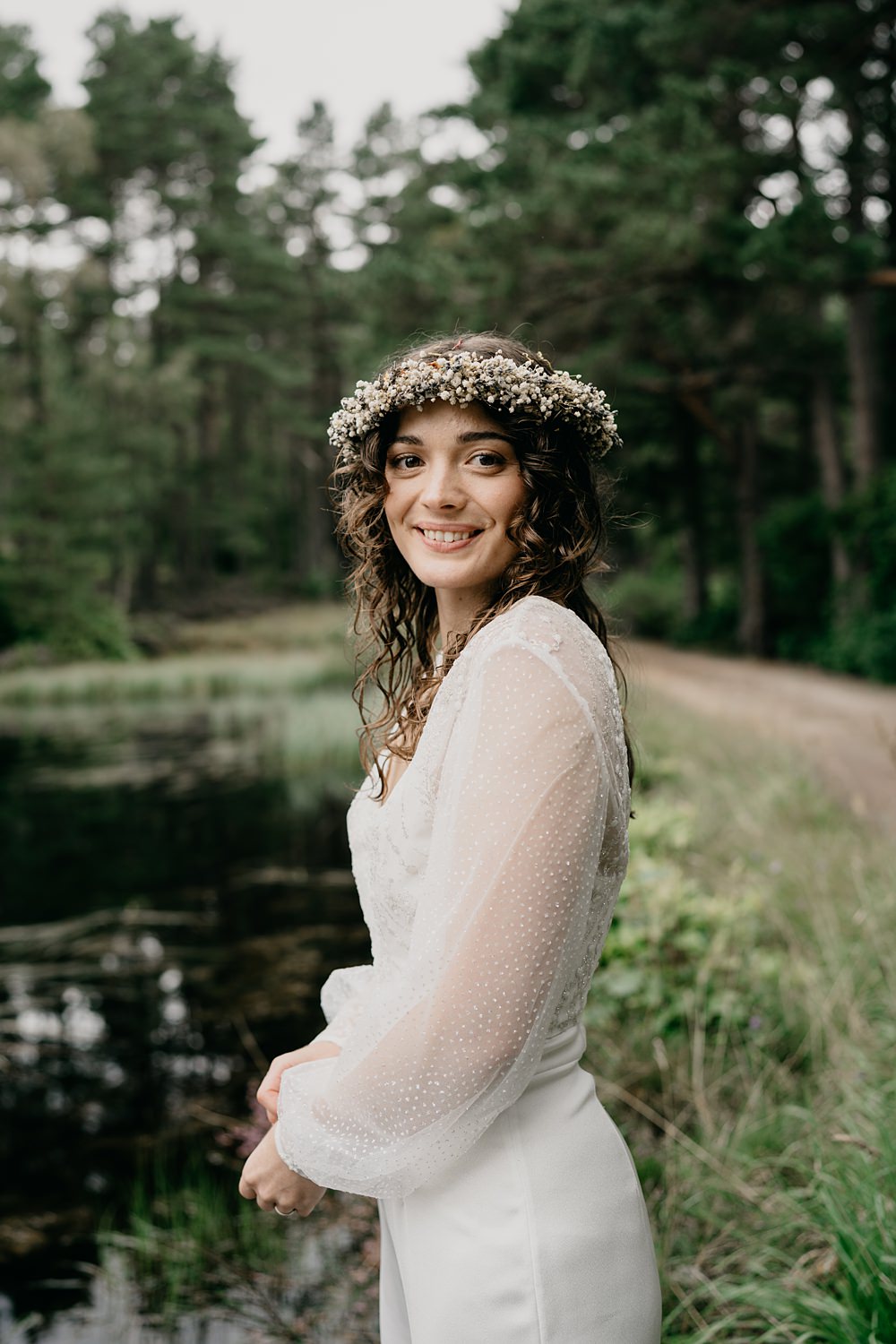 Glen Tanar Lochside Wedding Scott Arlow Photography Bride Jumpsuit Outfit Trousers Flower Crown