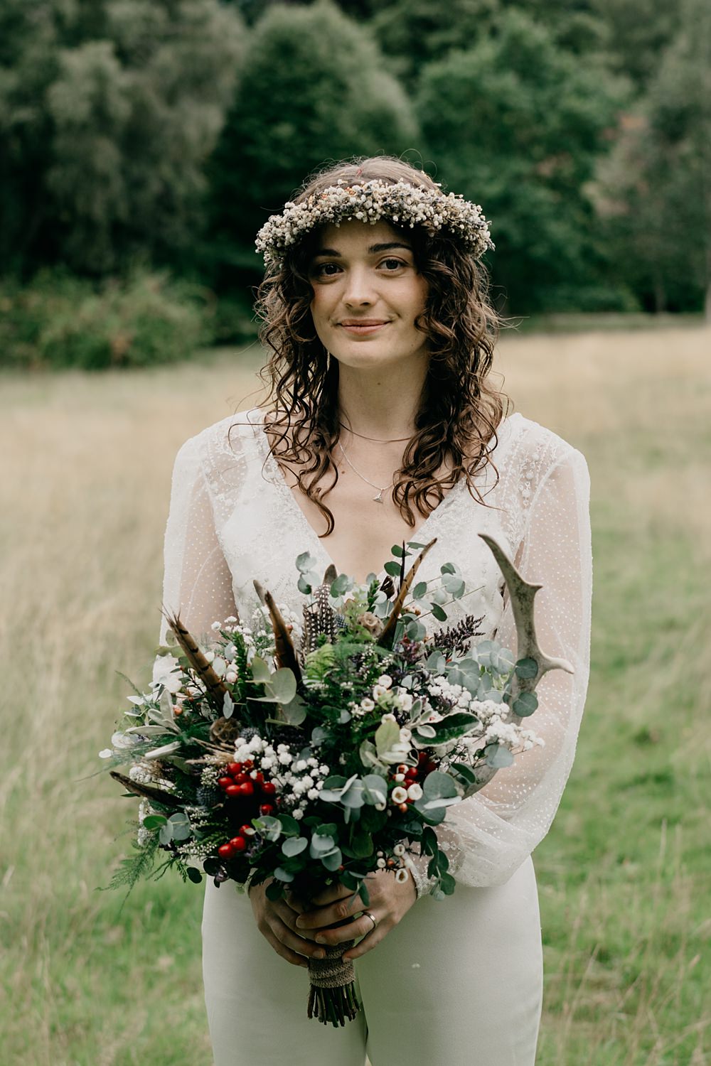 Glen Tanar Lochside Wedding Scott Arlow Photography Bride Jumpsuit Outfit Trousers Flower Crown Bouquet Flowers