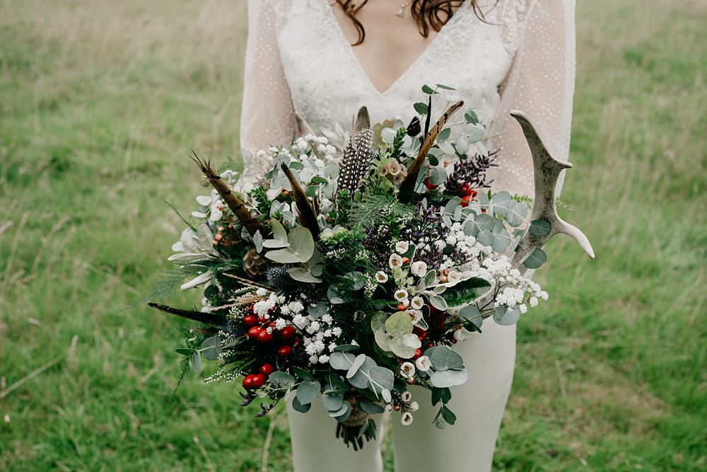 Bride Flower Bouquet Antlers Glen Tanar Lochside Wedding Scott Arlow Photography