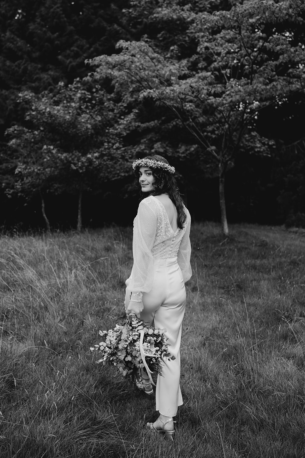 Bride Jumpsuit Outfit Trousers Flower Crown Glen Tanar Lochside Wedding Scott Arlow Photography