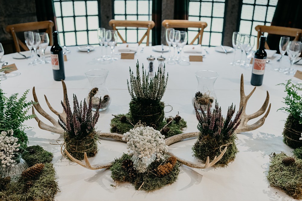 Decor Table Heathers Antlers Glen Tanar Lochside Wedding Scott Arlow Photography