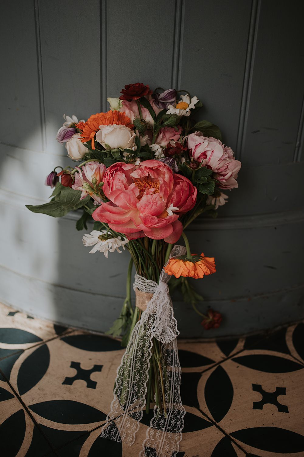 Bouquet Flowers Bride Colourful Peony Daisy Lace Home SW15 Wedding Grace Pham Photography