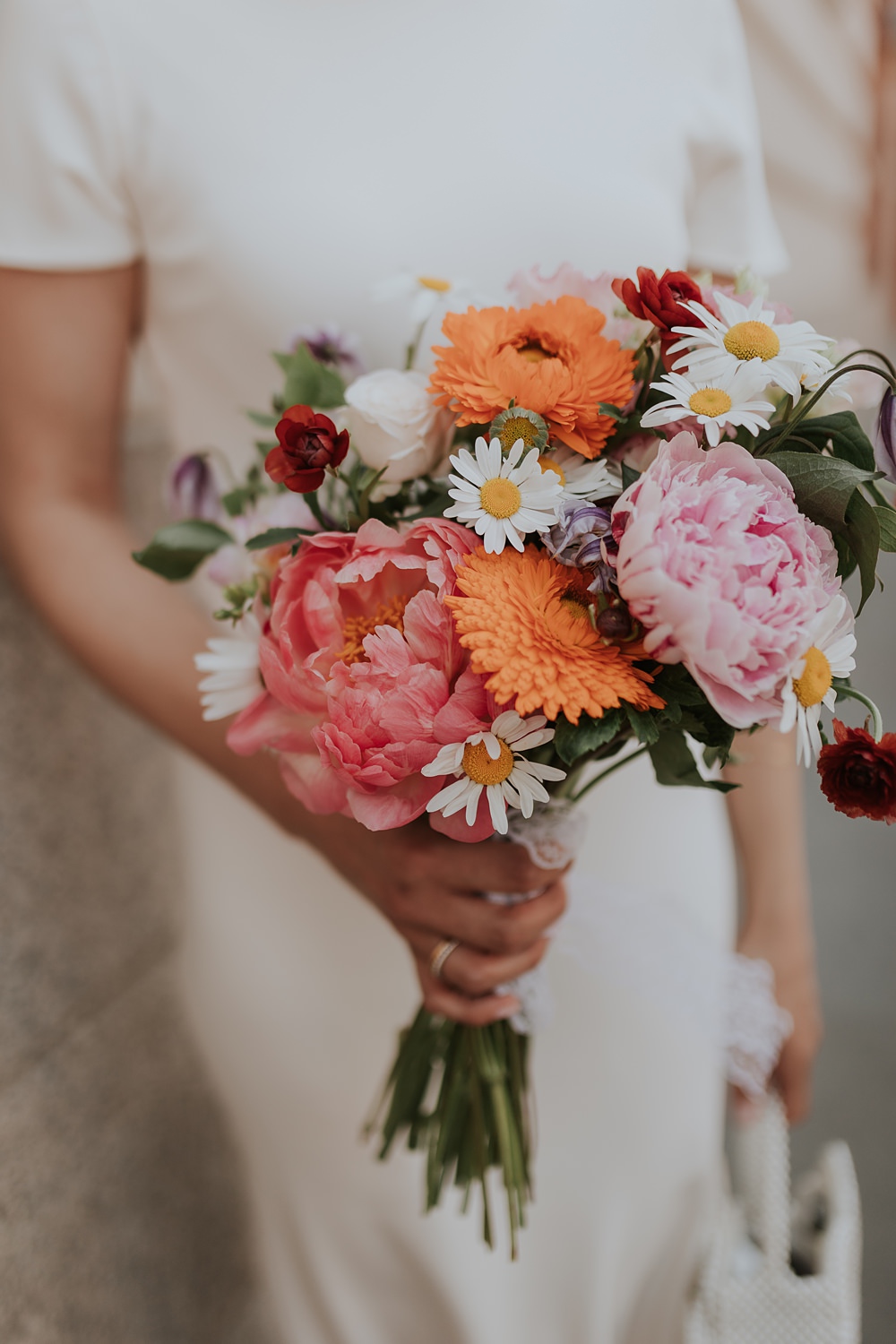 Bouquet Flowers Bride Colourful Peony Daisy Home SW15 Wedding Grace Pham Photography
