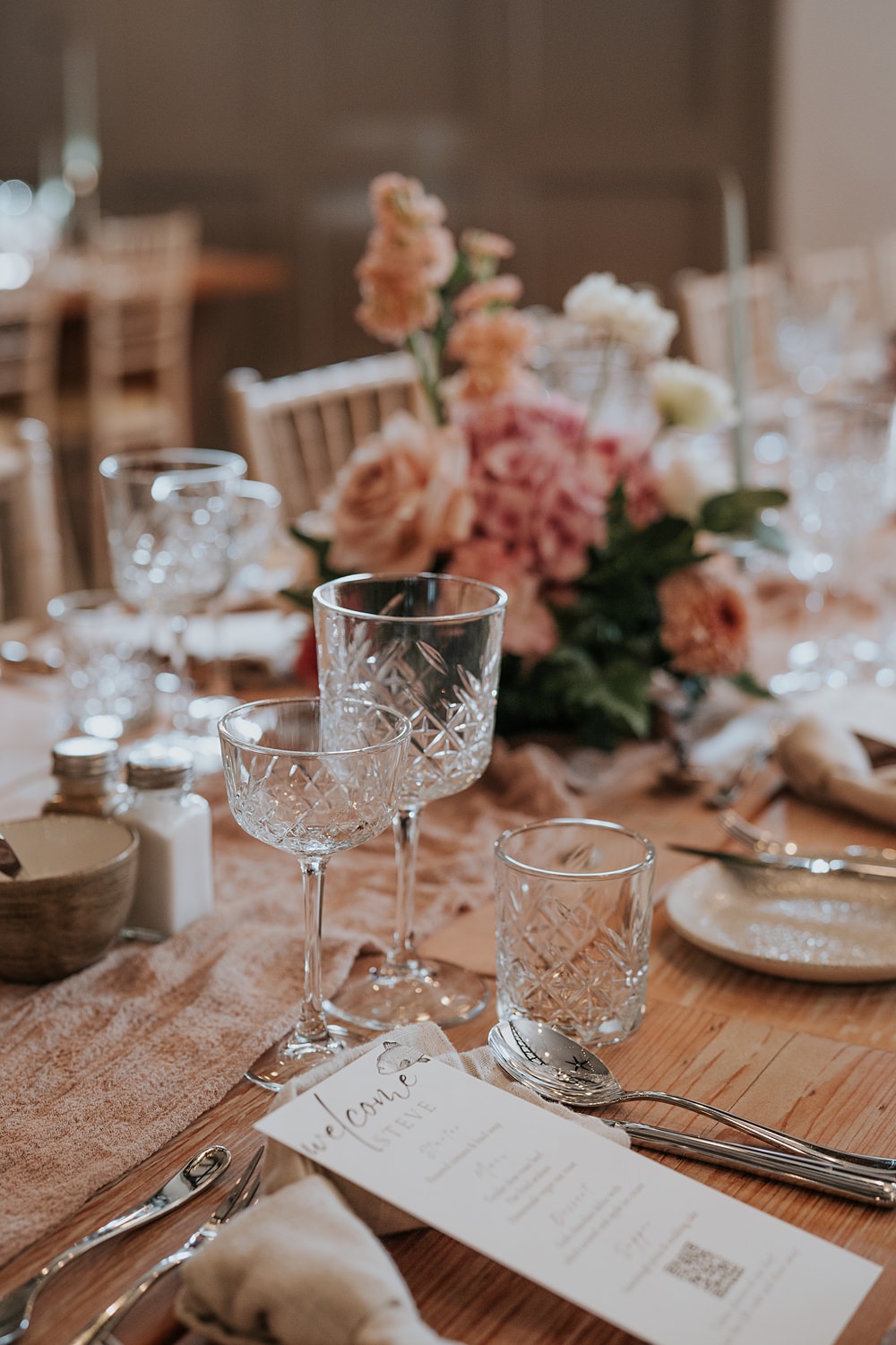 Table Decor Centrepiece Flowers Pink Peach Blue Candles Runner Limepark Wedding Sheena T Photography