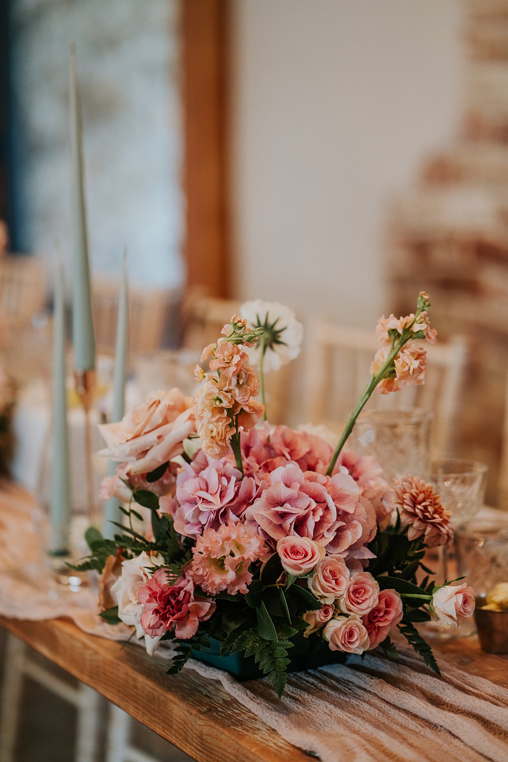 Table Decor Centrepiece Flowers Pink Peach Blue Candles Runner Limepark Wedding Sheena T Photography