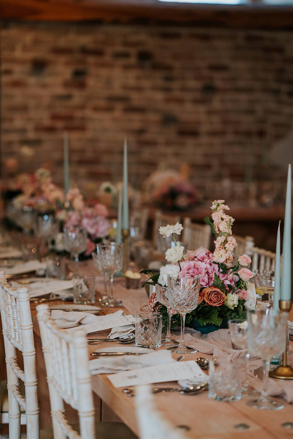 Table Decor Centrepiece Flowers Pink Peach Blue Candles Runner Limepark Wedding Sheena T Photography