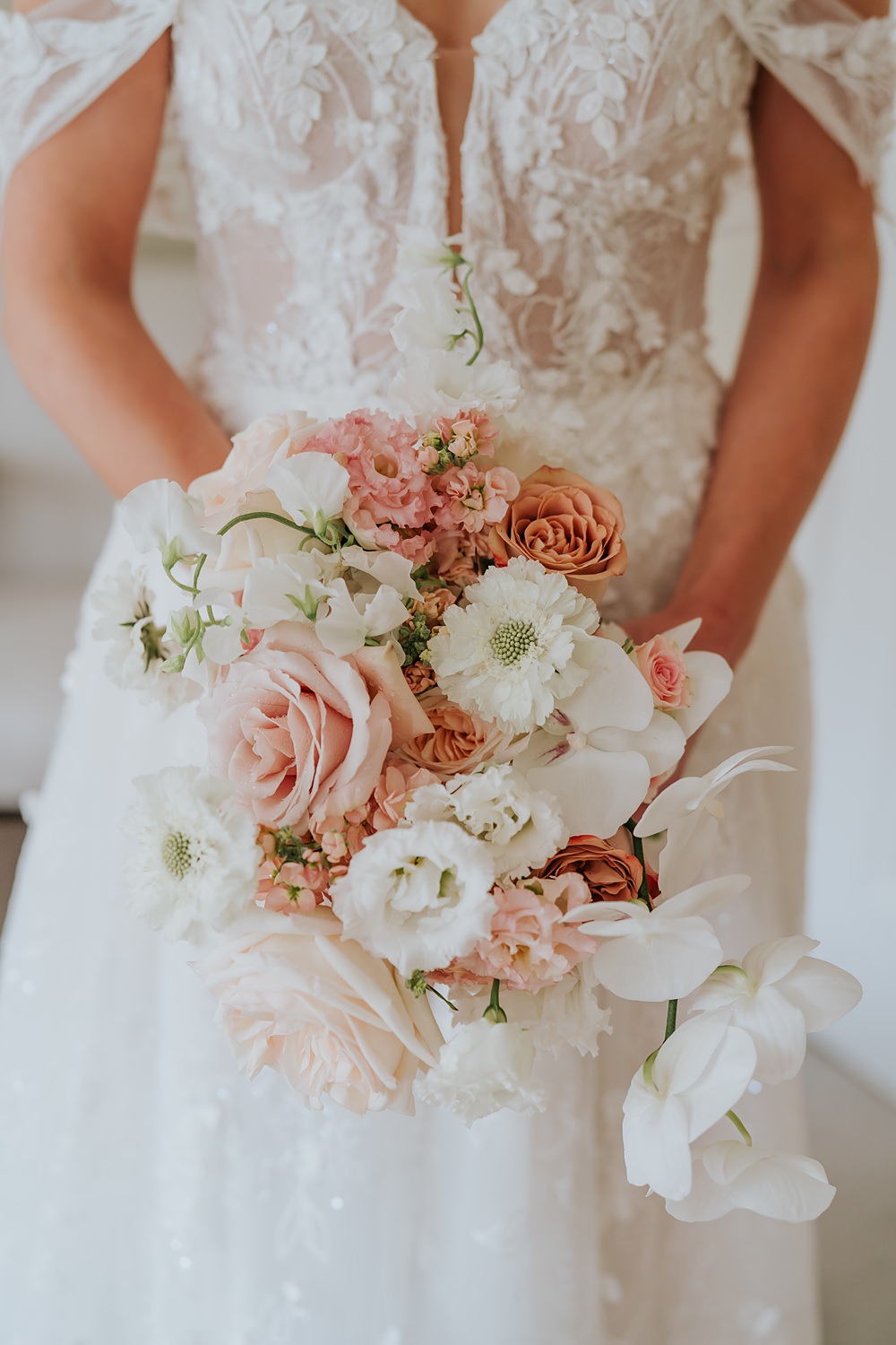 Bride Bouquet Flowers Peach White Rose Orchid Cosmos Sweet Pea Limepark Wedding Sheena T Photography