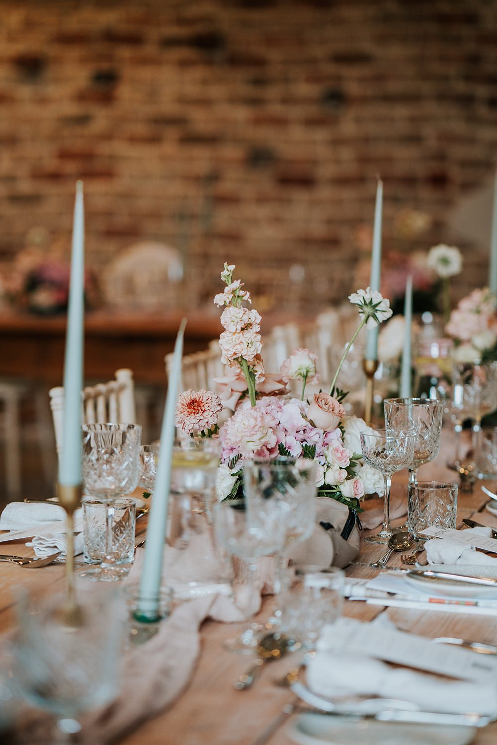 Table Decor Centrepiece Flowers Pink Peach Blue Candles Runner Limepark Wedding Sheena T Photography