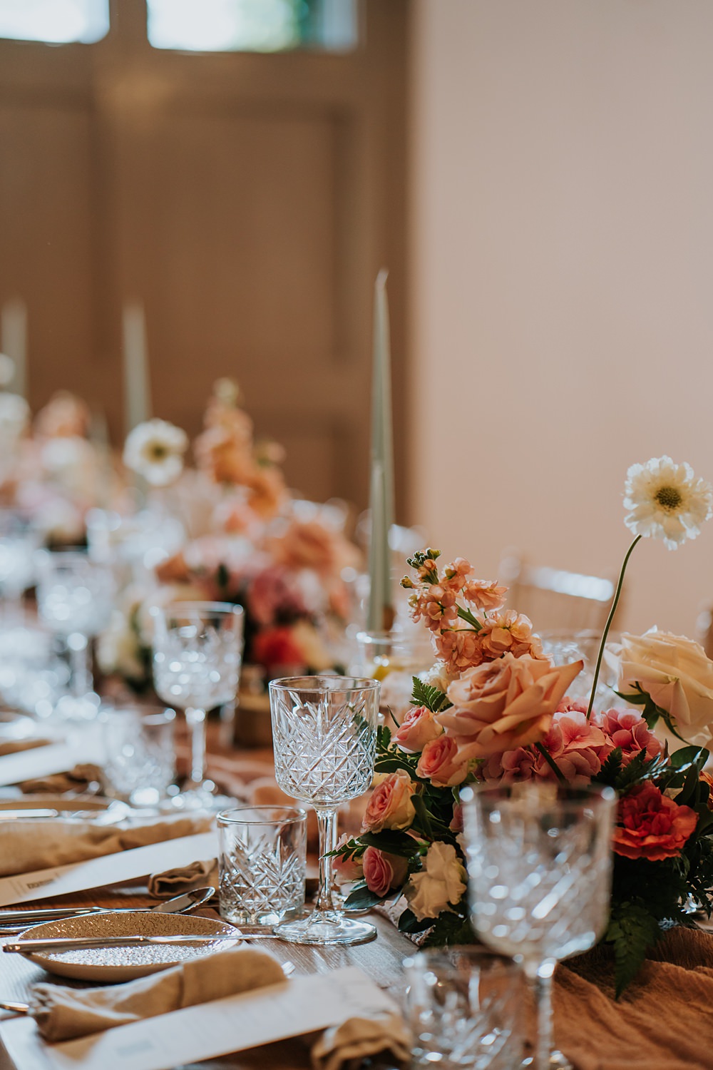 Table Decor Centrepiece Flowers Pink Peach Blue Candles Runner Limepark Wedding Sheena T Photography