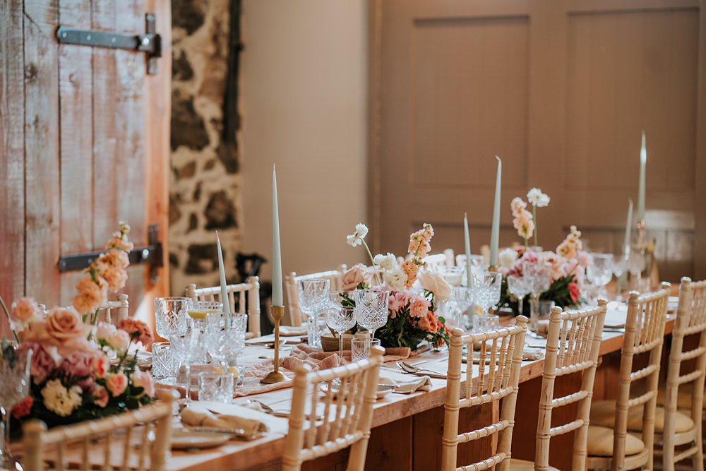 Table Decor Centrepiece Flowers Pink Peach Blue Candles Runner Limepark Wedding Sheena T Photography