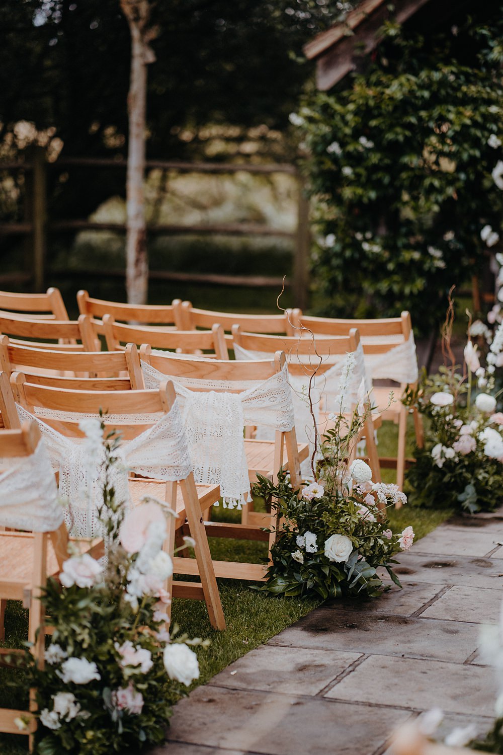 Ceremony Flower Aisle Greenery White Rose Bow Chairs Outdoor Surrey Wedding Kit Myers Photography