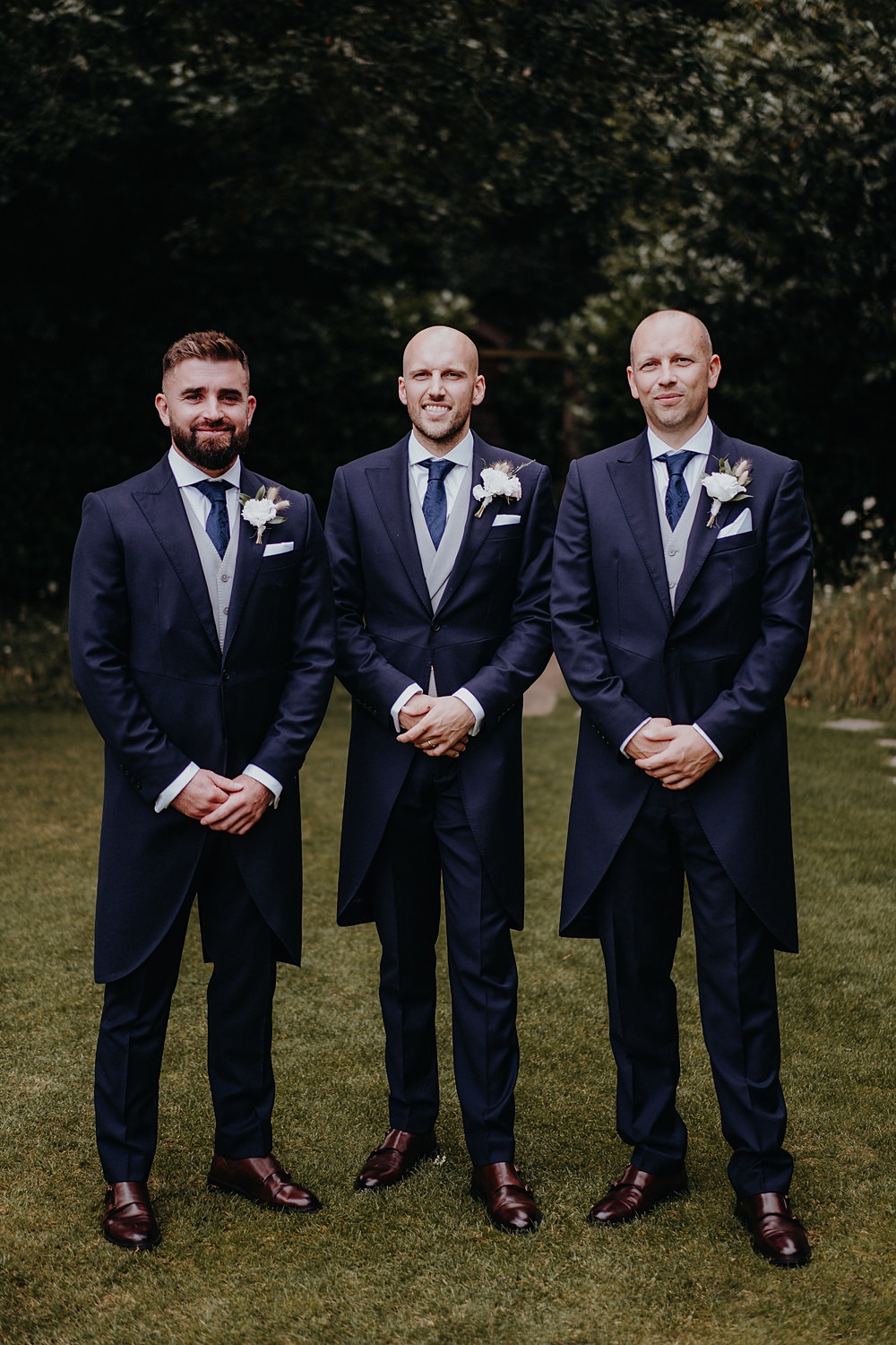 Groom Groomsmen Navy Suit Tails Tie Waistcoat Outdoor Surrey Wedding Kit Myers Photography