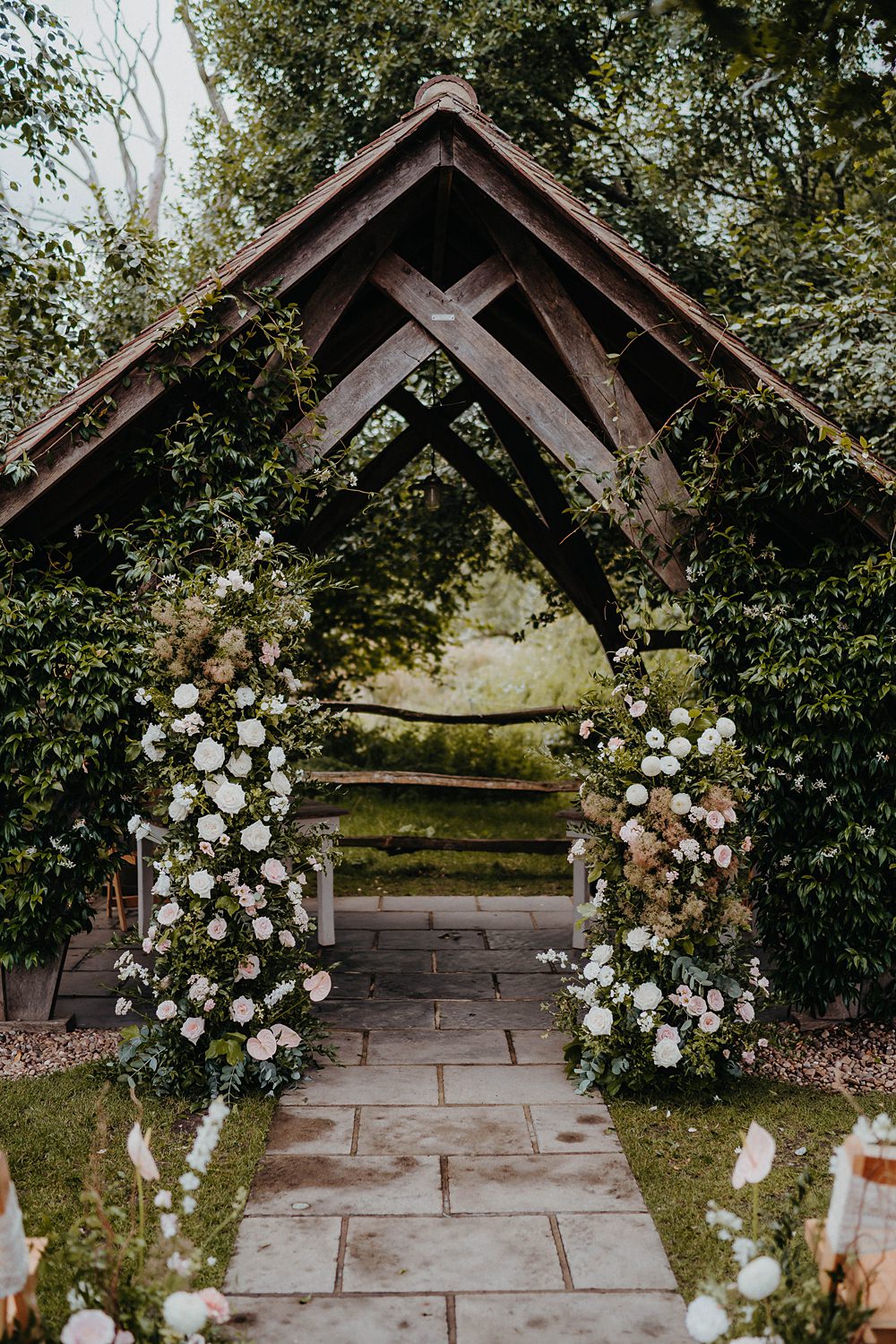 Ceremony Flower Aisle Greenery White Rose Backdrop Outdoor Surrey Wedding Kit Myers Photography
