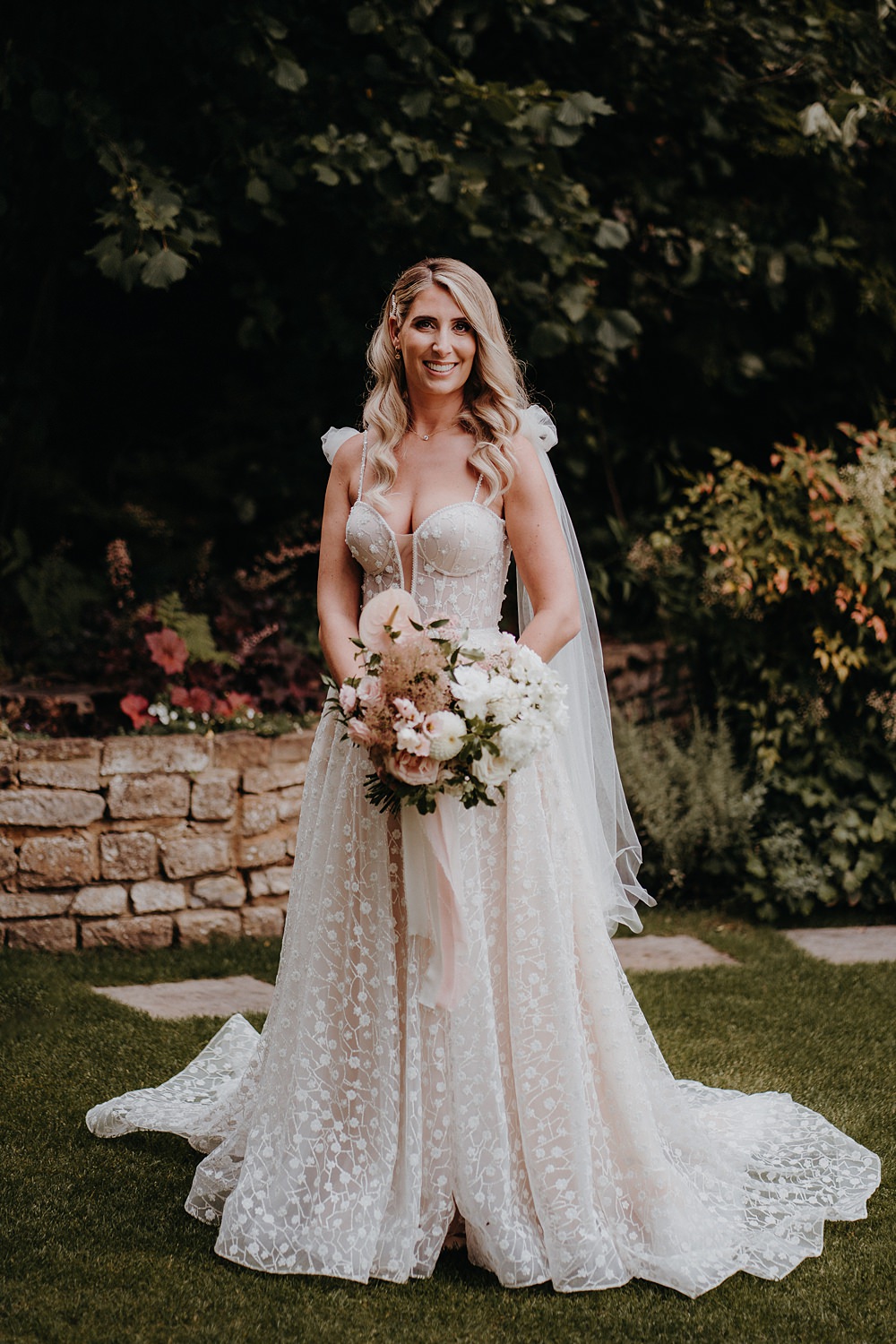 Pronovias Flower Appliqué Dress Bride Straps Skirt Tulle Outdoor Surrey Wedding Kit Myers Photography