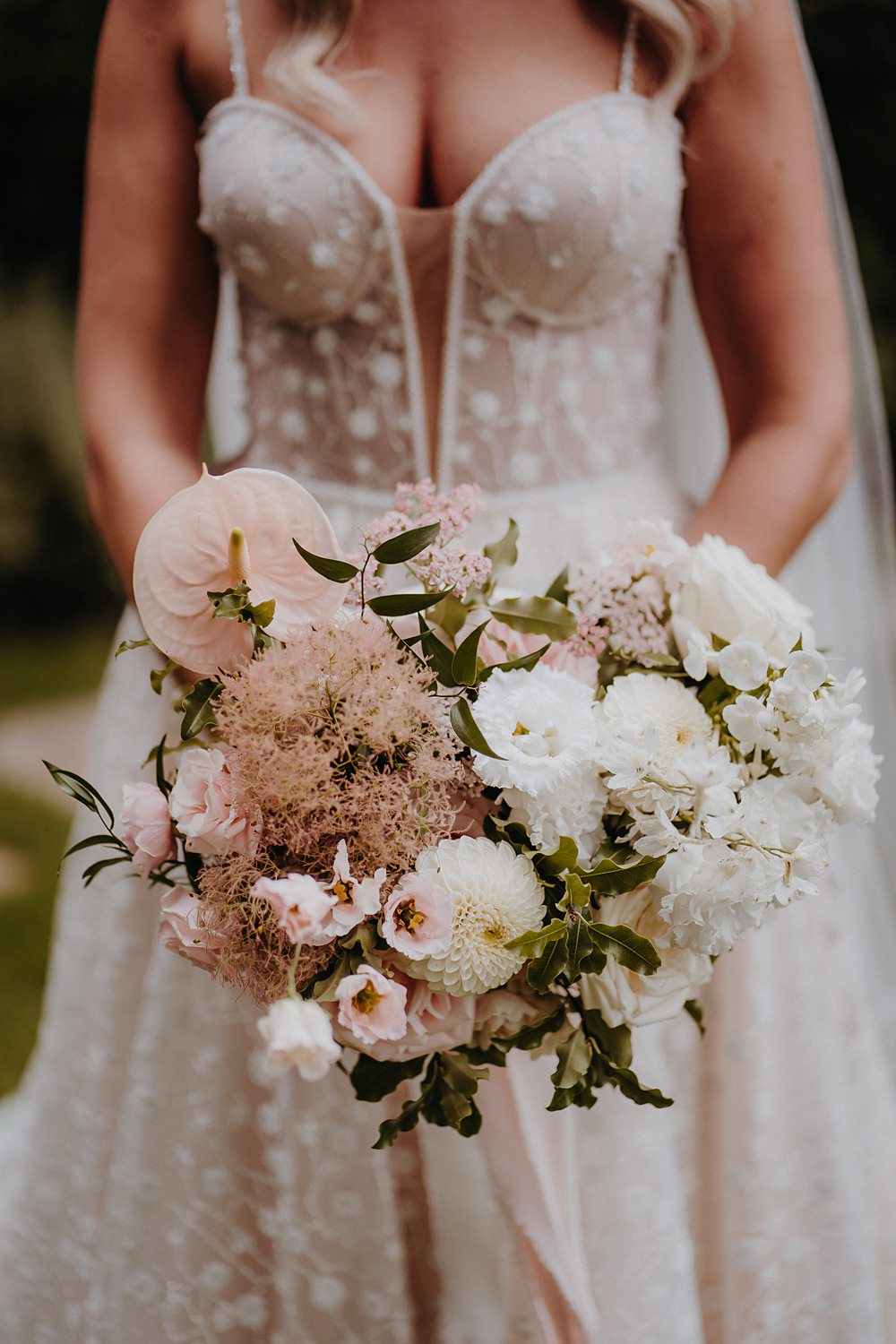 Bouquet Flowers Bride White Cream Dahlia Rose Anthurium Outdoor Surrey Wedding Kit Myers Photography