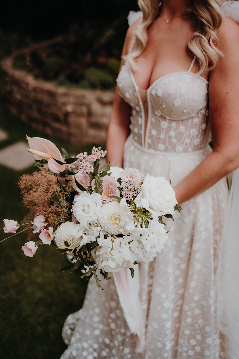 Bouquet Flowers Bride White Cream Dahlia Rose Anthurium Outdoor Surrey Wedding Kit Myers Photography